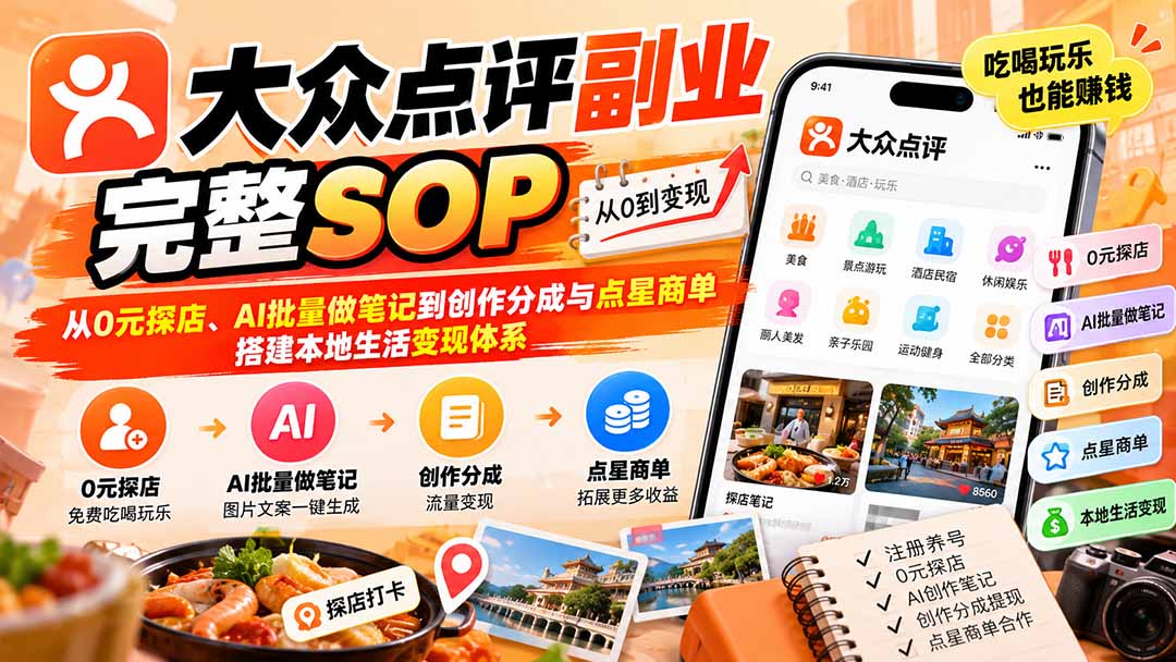 【无水印】大众点评副业完整SOP:从0元探店、AI批量做笔记到创作分成与点星商单,搭建本地生活变现体系-来聚吧