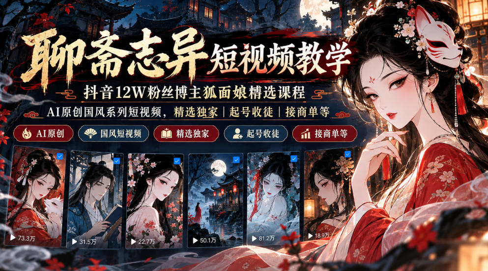 聊斋志异短视频教学,抖音12W粉丝博主狐面娘精选课程,AI原创国风系列短视频,精选独家丨起号收徒丨接商单等-来聚吧
