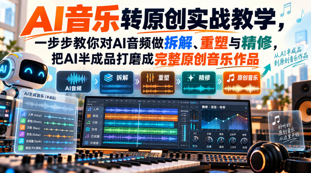 AI音乐转原创实战教学,一步步教你对AI音频做拆解、重塑与精修,把AI半成品打磨成完整原创音乐作品-来聚吧