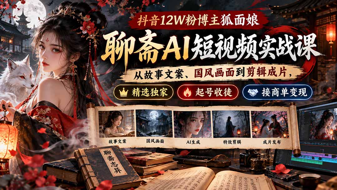 抖音12W粉博主狐面娘-聊斋AI短视频实战课:从故事文案、国风画面到剪辑成片,精选独家+起号收徒+接商单变现-来聚吧