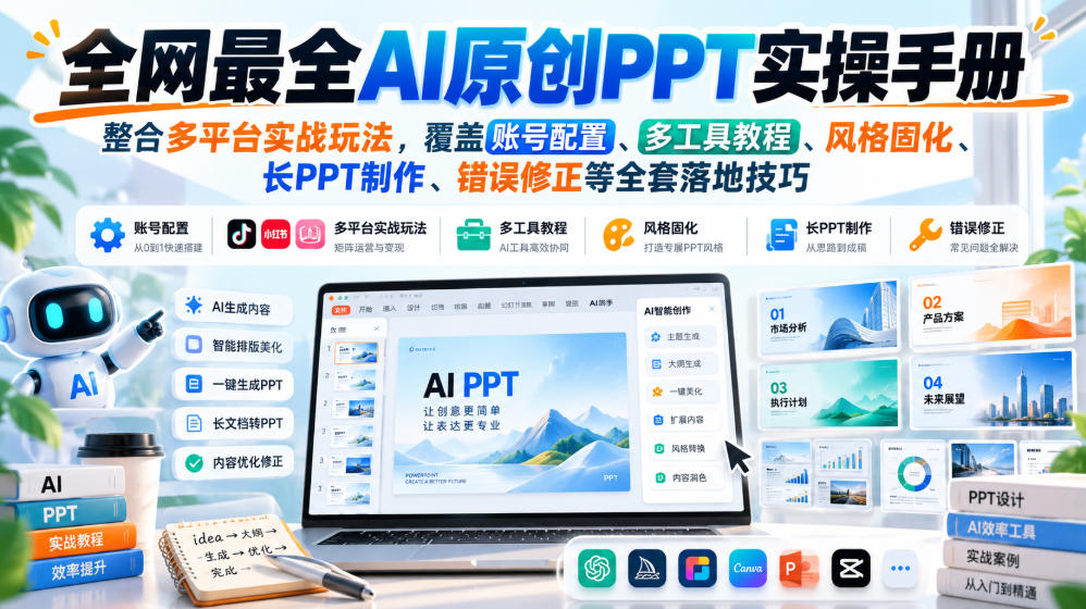 全网最全AI原创PPT实操手册,整合多平台实战玩法,覆盖账号配置、多工具教程、风格固化、长PPT制作、错误修正等全套落地技巧-来聚吧
