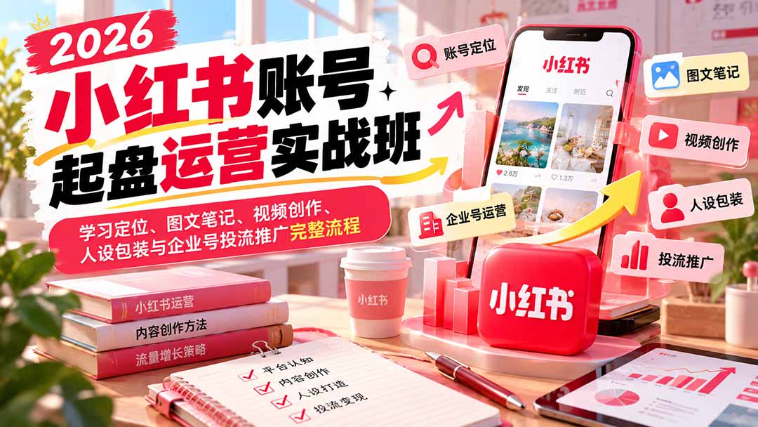 2026小红书账号起盘运营实战班:学习定位、图文笔记、视频创作、人设包装与企业号投流推广完整流程-来聚吧