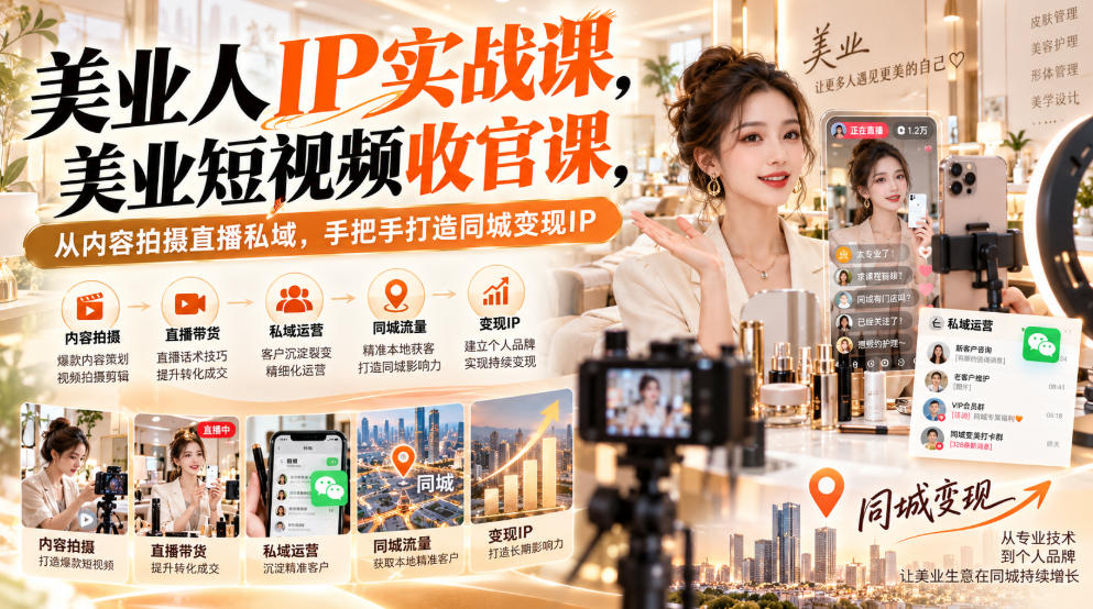 【无水印】美业人IP实战课，美业短视频收官课，从内容拍摄直播私域，手把手打造同城变现IP-来聚吧