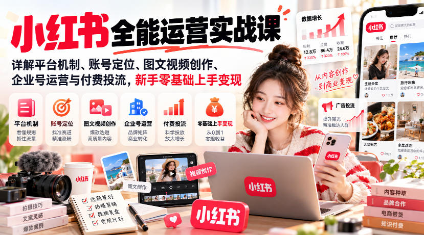 小红书全能运营实战课,详解平台机制、账号定位、图文视频创作、企业号运营与付费投流,新手零基础上手变现-来聚吧