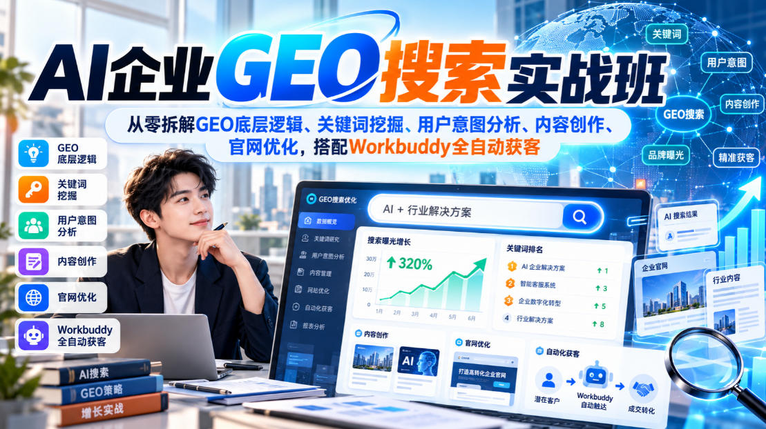 AI企业GEO搜索实战班，从零拆解GEO底层逻辑、关键词挖掘、用户意图分析、内容创作、官网优化，搭配Workbuddy全自动获客-来聚吧