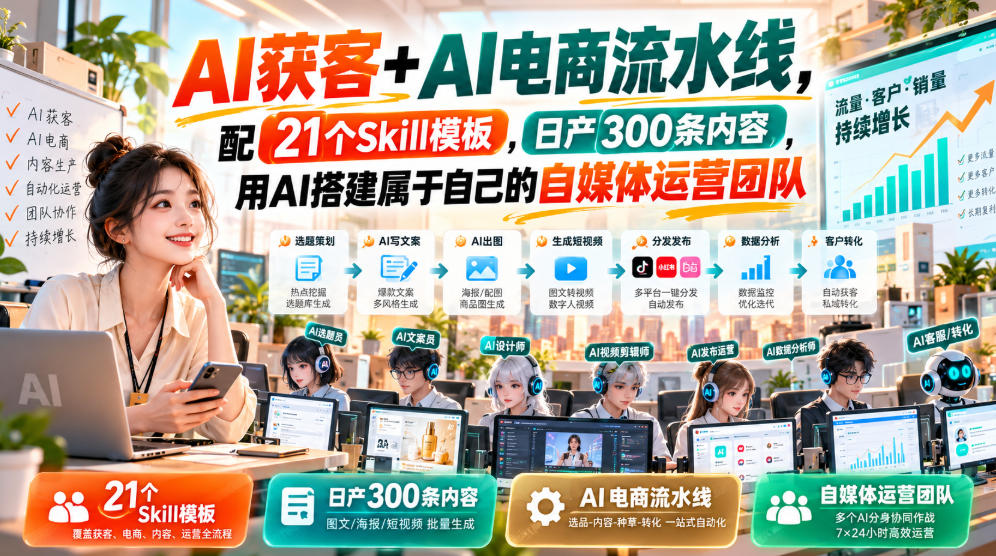 AI获客+AI电商流水线,配21个Skill模板,日产300条内容,用AI搭建属于自己的自媒体运营团队-来聚吧
