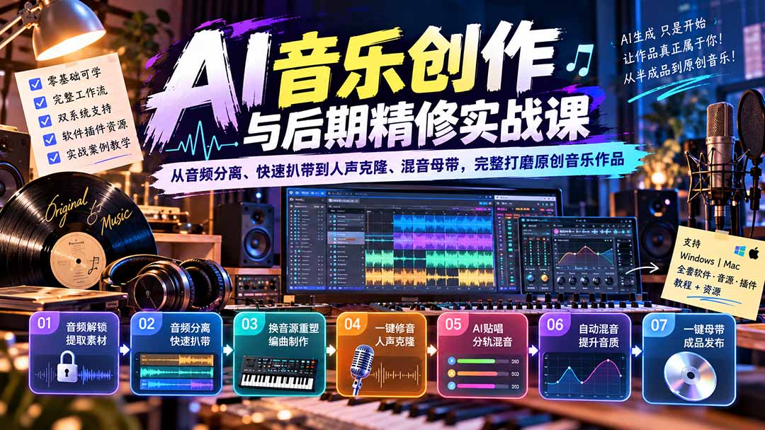 AI音乐创作与后期精修实战课:从音频分离、快速扒带到人声克隆、混音母带,完整打磨原创音乐作品-来聚吧