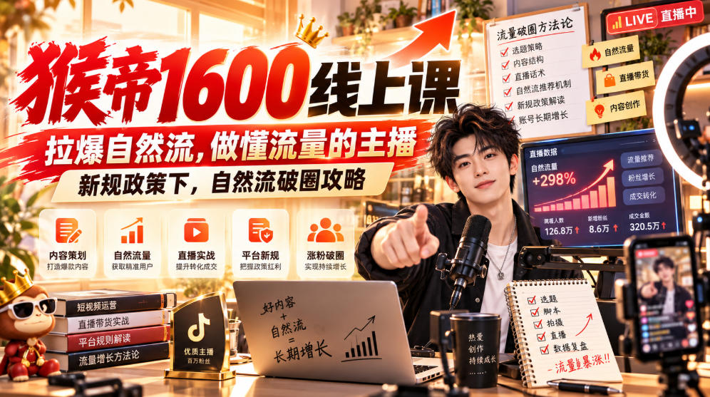 猴帝1600线上课,拉爆自然流,做懂流量的主播,新规政策下,自然流破圈攻略【更新260926】-来聚吧