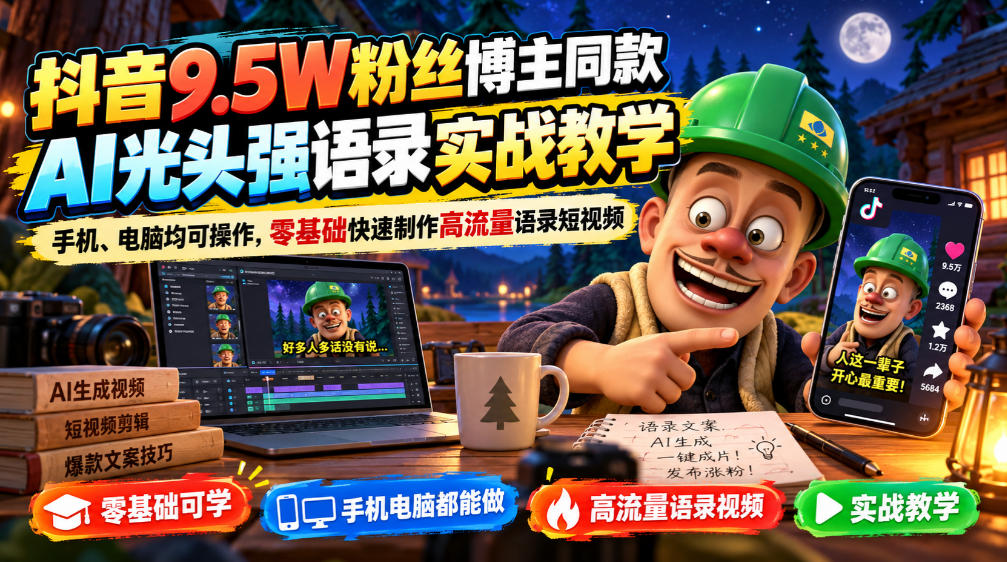 抖音9.5W粉丝博主同款AI光头强语录实战教学，手机、电脑均可操作，零基础快速制作高流量语录短视频-来聚吧