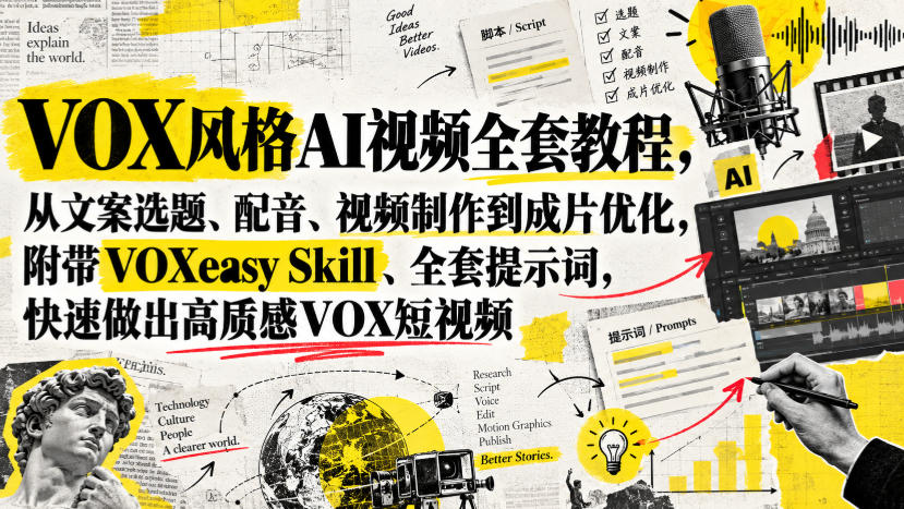 VOX风格AI视频全套教程，从文案选题、配音、视频制作到成片优化，附带VOXeasy Skill、全套提示词，快速做出高质感VOX短视频-来聚吧