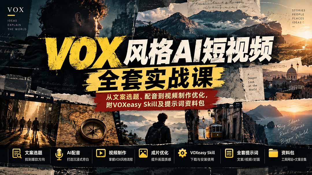 【无水印】VOX风格AI短视频全套实战课:从文案选题、配音到视频制作优化,附VOXeasy Skill及提示词资料包-来聚吧