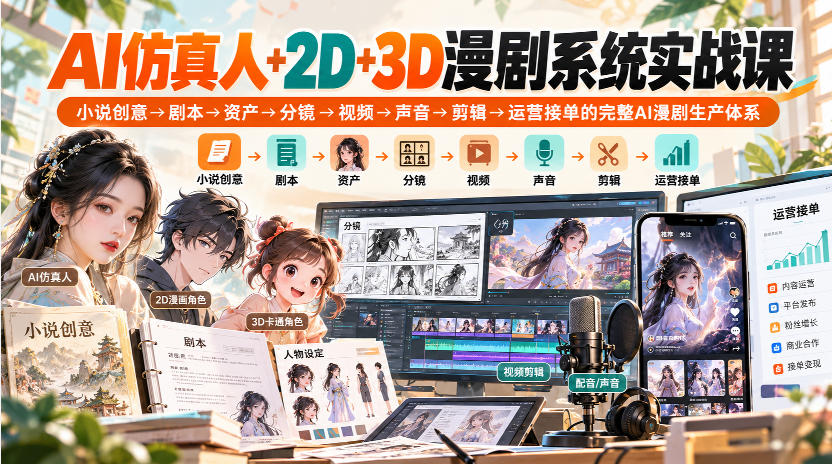 【无水印】AI仿真人+2D+3D漫剧系统实战课,小说创意→剧本→资产→分镜→视频→声音→剪辑→运营接单的完整AI漫剧生产体系-来聚吧