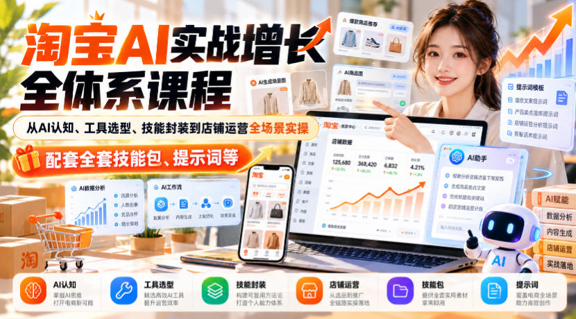 淘宝AI实战增长全体系课程，从AI认知、工具选型、技能封装到店铺运营全场景实操，配套全套技能包、提示词等-来聚吧