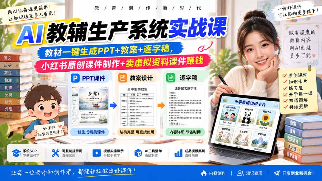 AI教辅生产系统实战课-更新0926|教材一键生成PPT+教案+逐字稿,小红书原创课件制作+卖虚拟资料课件赚钱-来聚吧