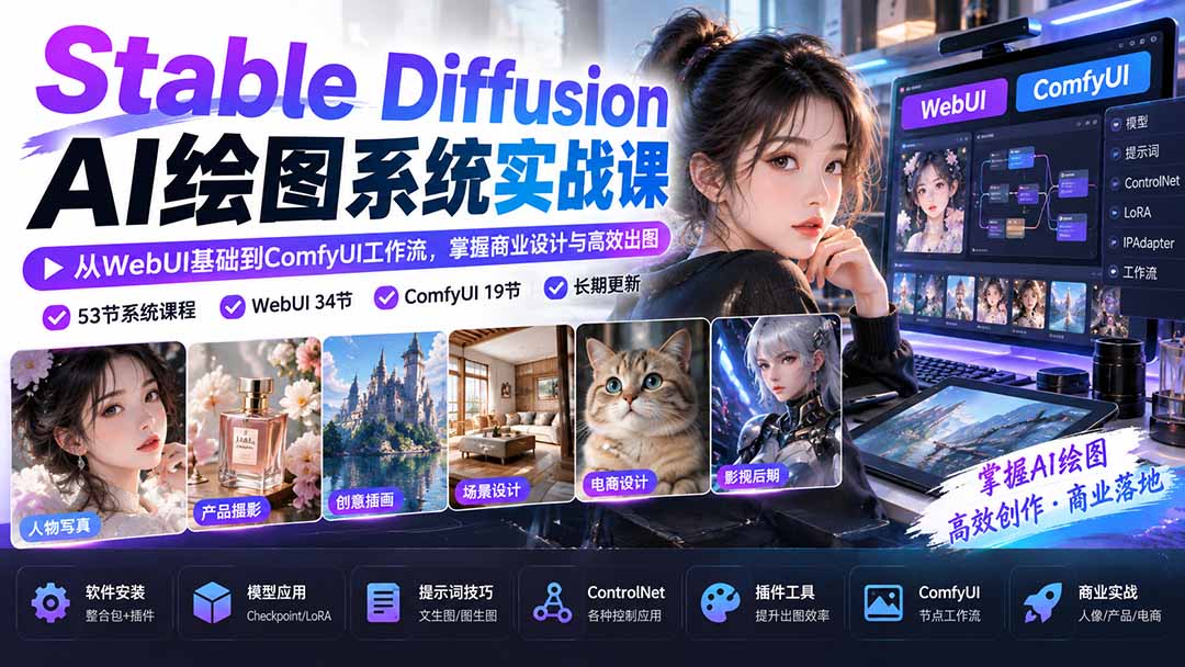 【无水印】Stable Diffusion AI绘图系统实战课：从WebUI基础到ComfyUI工作流，掌握商业设计与高效出图-来聚吧