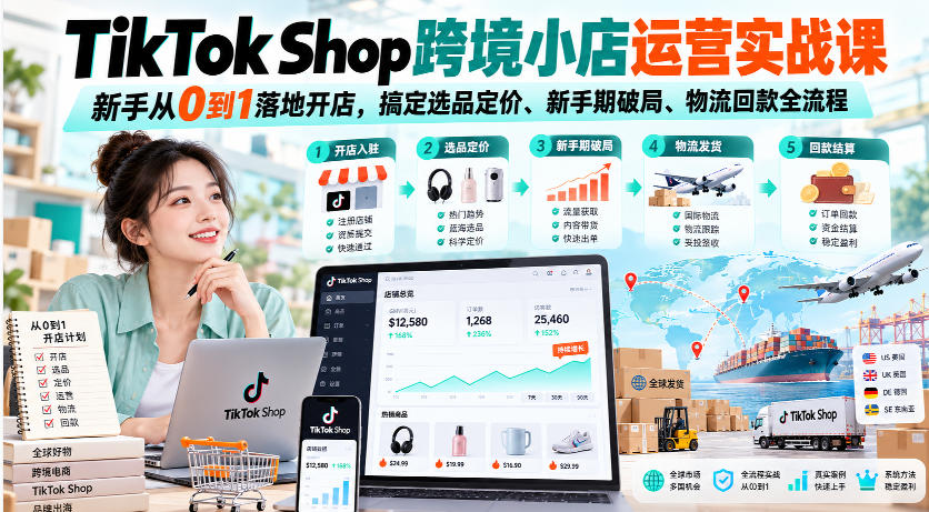 TikTok Shop跨境小店运营实战课，新手从0到1落地开店，搞定选品定价、新手期破局、物流回款全流程-来聚吧