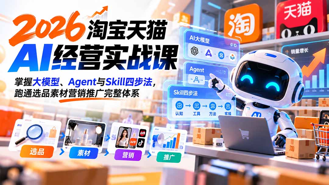 【无水印】2026淘宝天猫AI经营实战课:掌握大模型、Agent与Skill四步法,跑通选品素材营销推广完整体系-来聚吧
