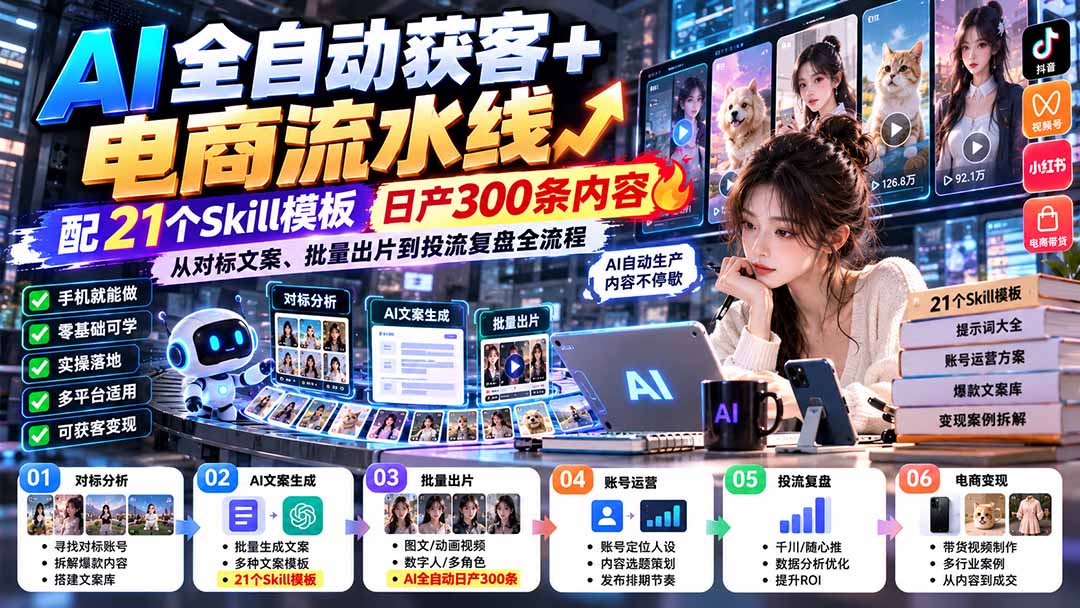 【无水印】AI全自动获客+电商流水线：配21个Skill模板，日产300条内容，从对标文案、批量出片到投流复盘全流程-来聚吧