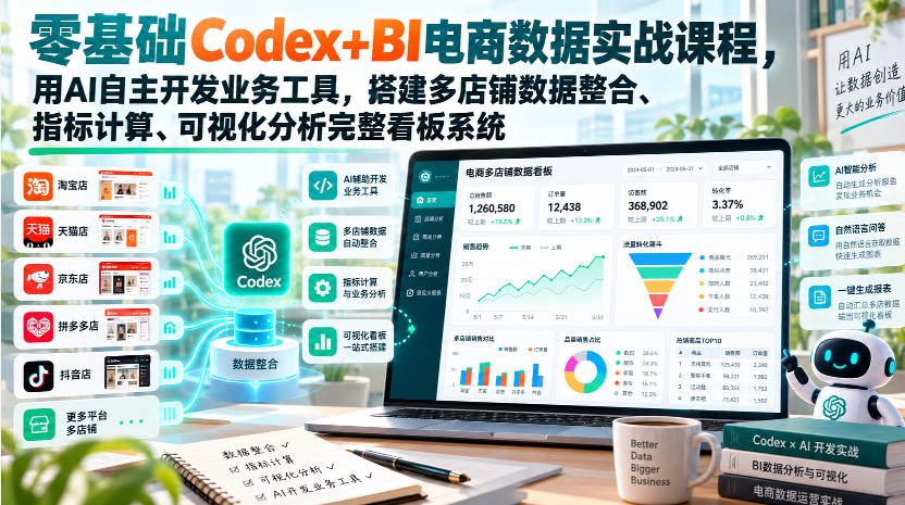 零基础Codex+BI电商数据实战课程,用AI自主开发业务工具,搭建多店铺数据整合、指标计算、可视化分析完整看板系统-来聚吧
