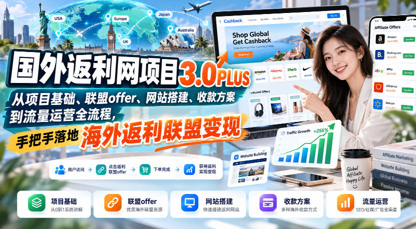 国外返利网项目3.0PLUS,从项目基础、联盟offer、网站搭建、收款方案到流量运营全流程,手把手落地海外返利联盟变现-来聚吧