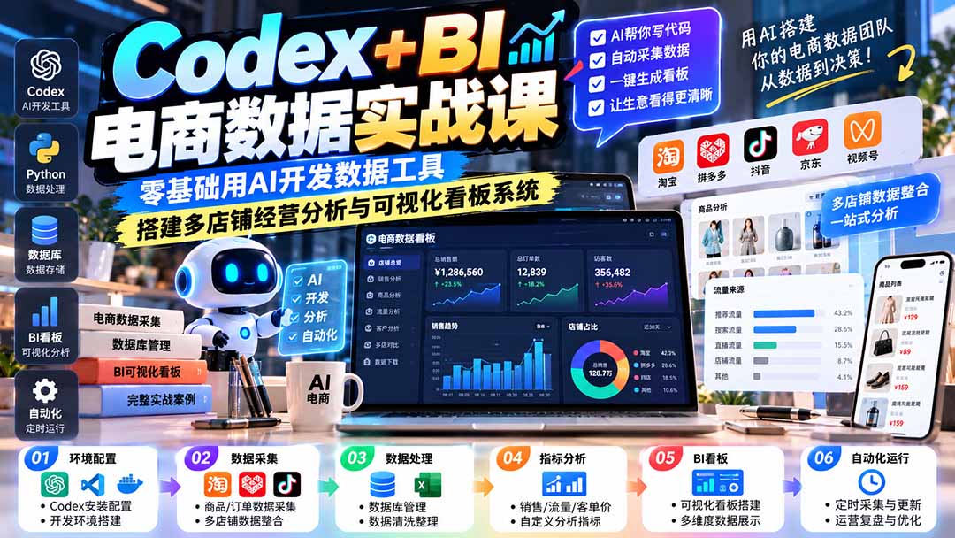 Codex+BI电商数据实战课:零基础用AI开发数据工具,搭建多店铺经营分析与可视化看板系统-来聚吧
