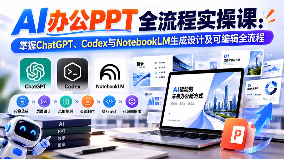 【无水印】AI办公PPT全流程实操课: 掌握ChatGPT、Codex与NotebookLM生成设计及可编辑全流程-来聚吧