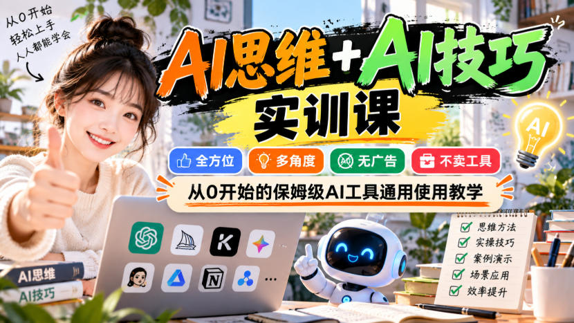 【无水印】AI思维+AI技巧实训课,全方位、多角度、无广告、不卖工具,从0开始的保姆级AI工具通用使用教学-来聚吧