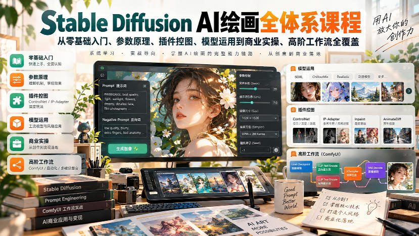 【无水印】Stable Diffusion AI绘画全体系课程，从零基础入门、参数原理、插件控图、模型运用到商业实操、高阶工作流全覆盖-来聚吧