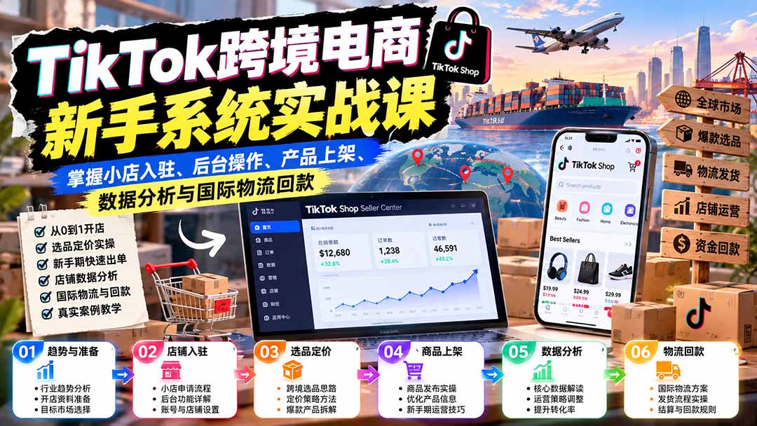 TikTok跨境电商新手系统实战课：掌握小店入驻、后台操作、产品上架、数据分析与国际物流回款-来聚吧