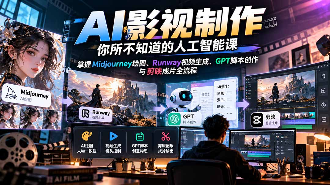 【无水印】AI影视制作-你所不知道的人工智能课,掌握Midjourney绘图、Runway视频生成、GPT脚本创作与剪映成片全流程-来聚吧