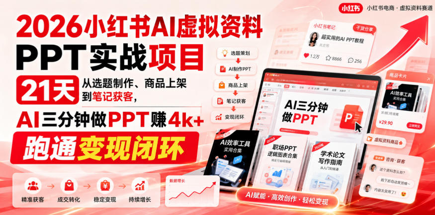 【无水印】2026小红书AI虚拟资料PPT实战项目,21天从选题制作、商品上架到笔记获客,AI三分钟做PPT赚4k+跑通变现闭环(更新0927)-来聚吧