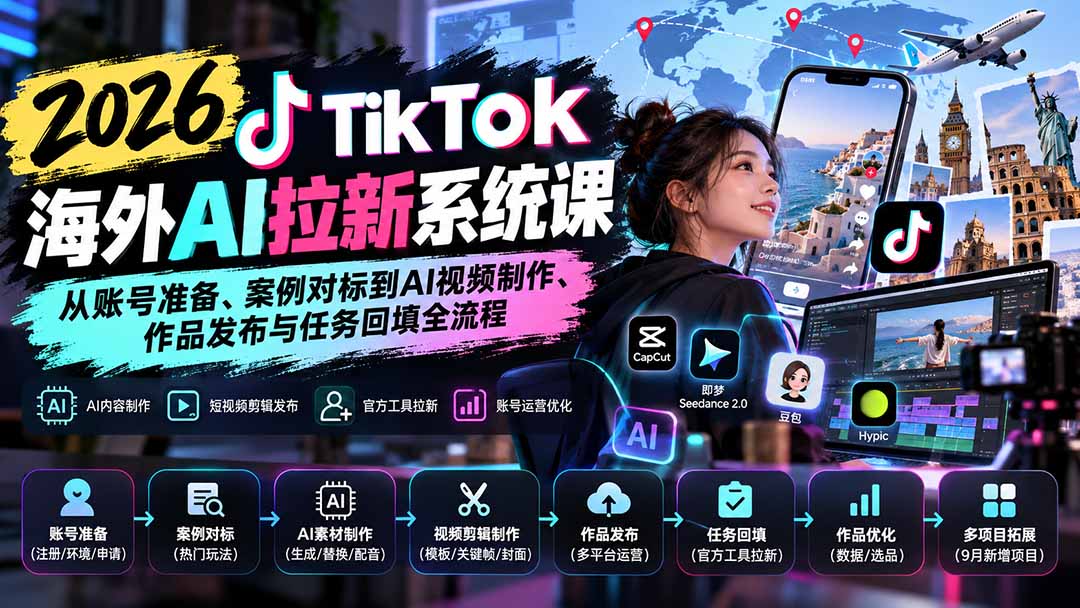【无水印】2026 TikTok海外AI拉新系统课:从账号准备、案例对标到AI视频制作、作品发布与任务回填全流程-来聚吧