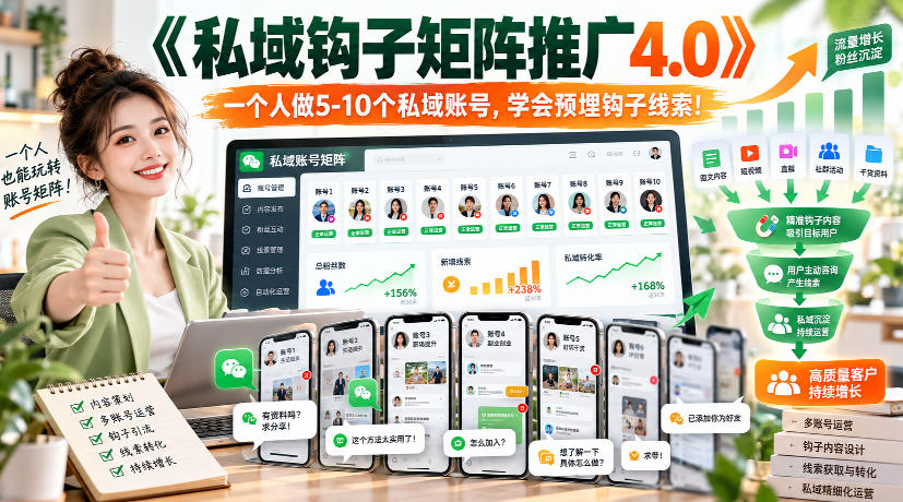 【无水印】《私域钩子矩阵推广4.0》一个人做5-10个私域账号,学会预埋钩子线索!-来聚吧