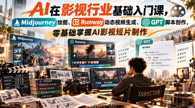 【无水印】AI在影视行业基础入门课,Midjourney绘图、Runway动态视频生成、GPT脚本创作,零基础掌握AI影视短片制作-来聚吧