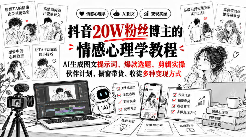 抖音20W粉丝博主静候心声的情感心理学教程,AI生成图文提示词、爆款选题、剪辑实操,伙伴计划、橱窗带货、收徒多种变现方式-来聚吧