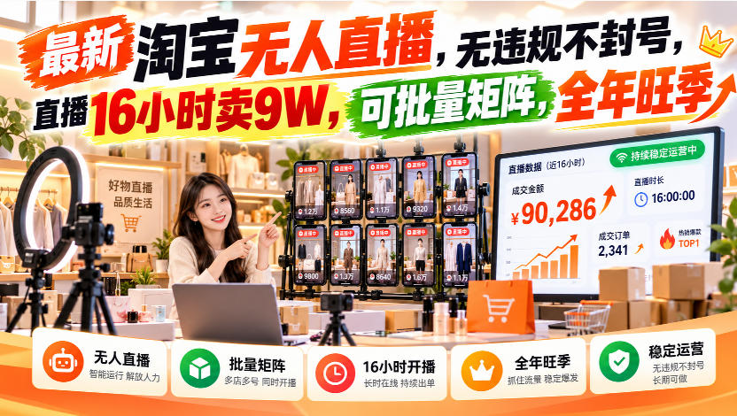 最新淘宝无人直播，无违规不封号，直播16小时卖9W，可批量矩阵，全年旺季【揭秘】-来聚吧