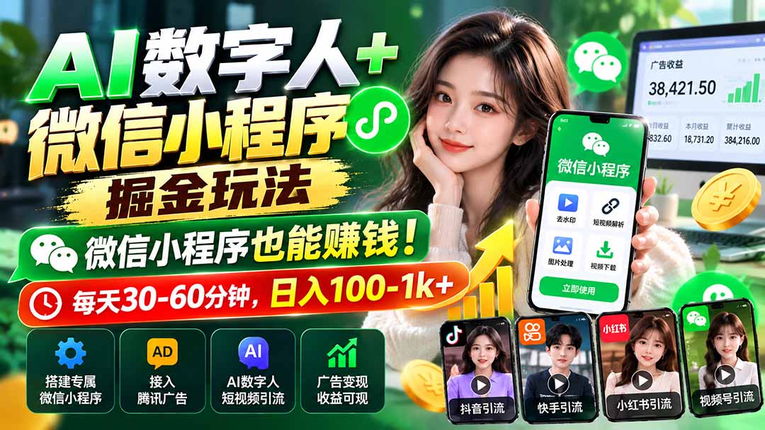 AI数字人+微信小程序掘金玩法：微信小程序也能赚钱！每天30-60分钟，日入100-1k+-来聚吧