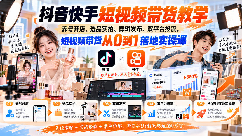 抖音快手短视频带货教学|养号开店、选品实拍、剪辑发布、双平台投流,短视频带货从0到1落地实操课-来聚吧