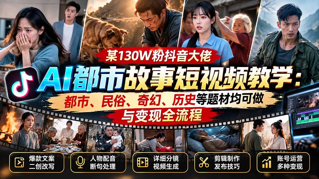 某130W粉抖音大佬AI都市故事短视频教学:都市、民俗、奇幻、历史等题材均可做与变现全流程-来聚吧