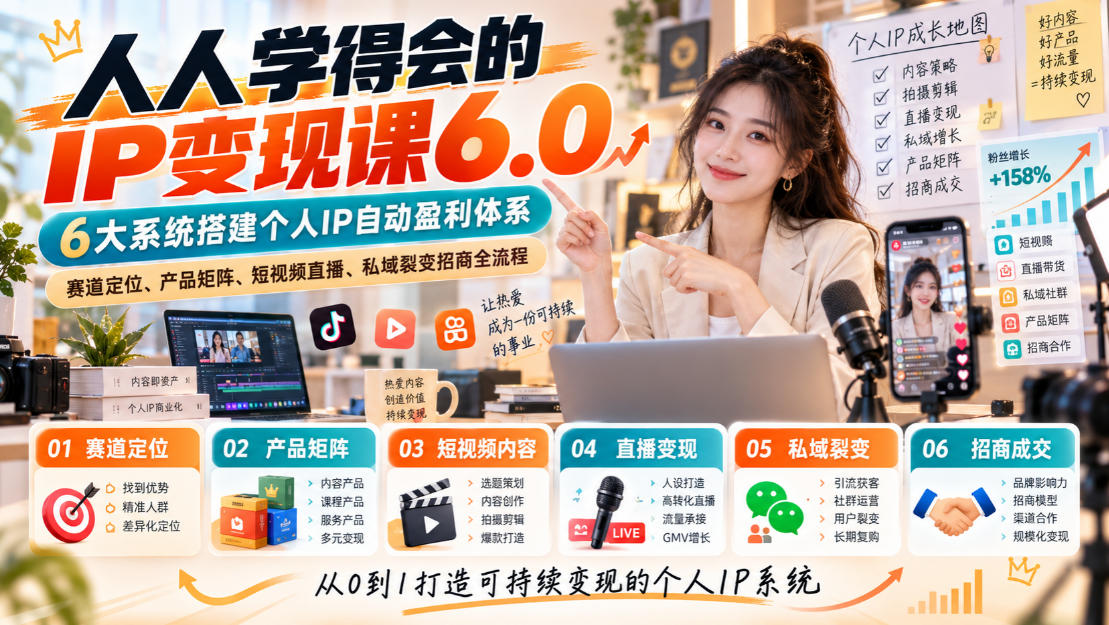 人人学得会的IP变现课6.0，6大系统搭建个人IP自动盈利体系，赛道定位、产品矩阵、短视频直播、私域裂变招商全流程-来聚吧