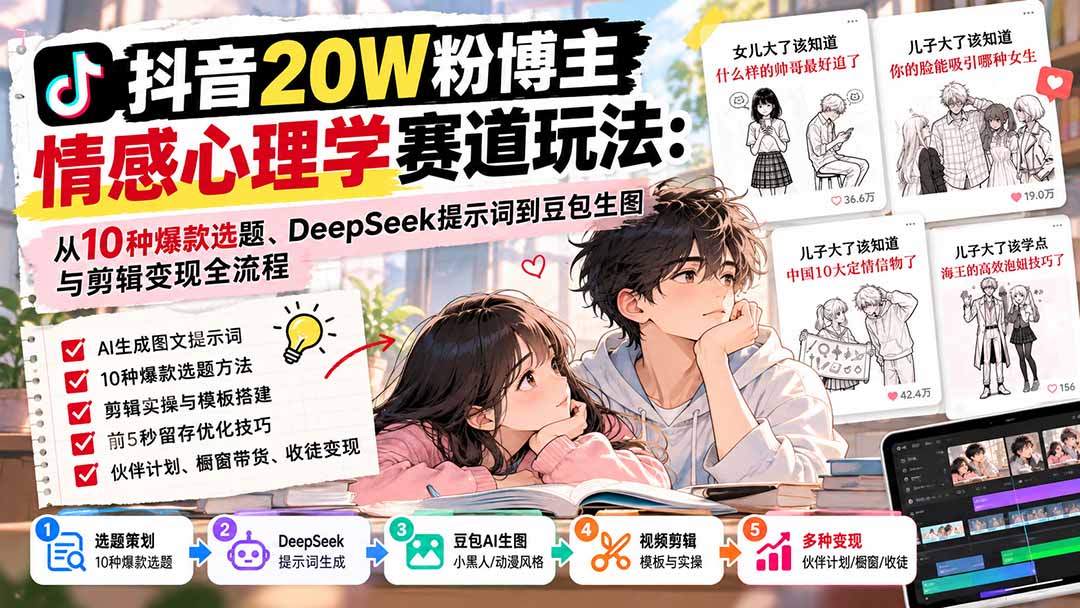 抖音20W粉博主-情感心理学赛道玩法:从10种爆款选题、DeepSeek提示词到豆包生图与剪辑变现全流程-来聚吧