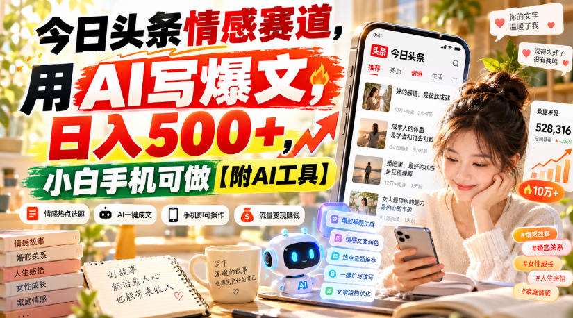 今日头条情感赛道，用AI写爆文，日入500+，小白手机可做【附AI工具】-来聚吧