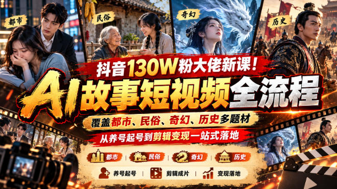 抖音130W粉大佬新课!AI故事短视频全流程,覆盖都市、民俗、奇幻、历史多题材,从养号起号到剪辑变现一站式落地-来聚吧