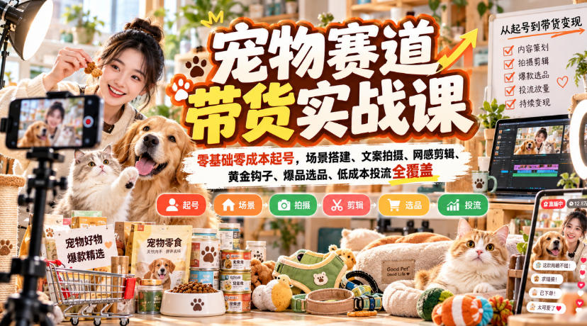 宠物赛道带货实战课,零基础零成本起号,场景搭建、文案拍摄、网感剪辑、黄金钩子、爆品选品、低成本投流全覆盖-来聚吧