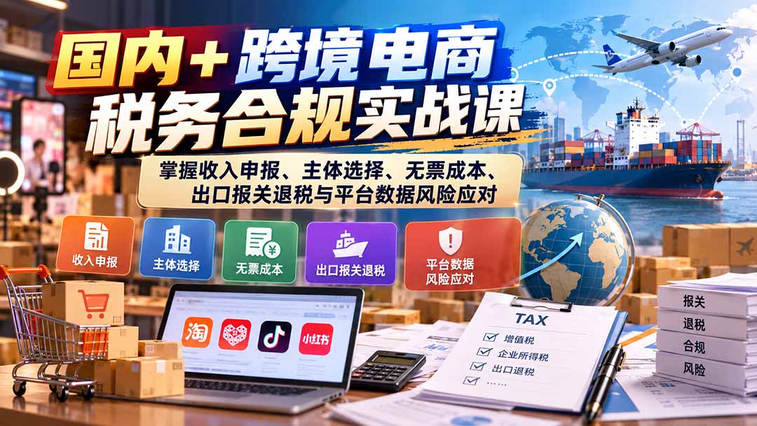 国内+跨境电商税务合规实战课：掌握收入申报、主体选择、无票成本、出口报关退税与平台数据风险应对-来聚吧