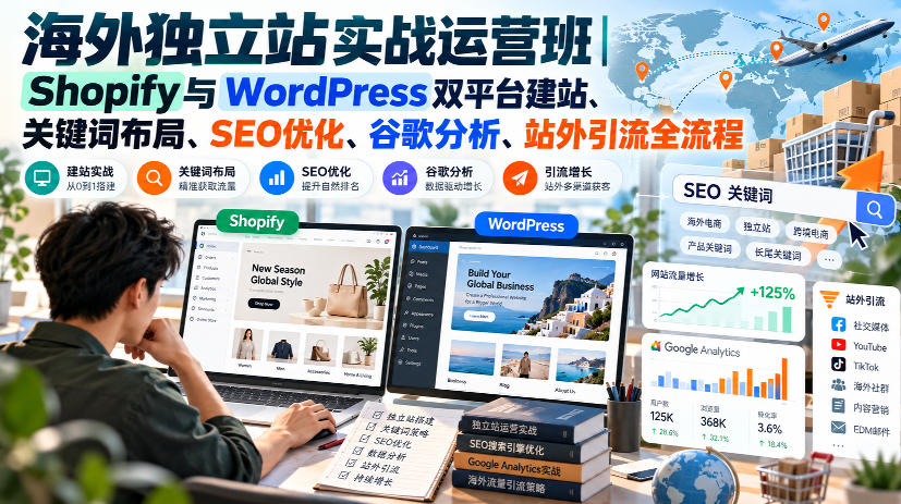 海外独立站实战运营班｜Shopify与WordPress双平台建站、关键词布局、SEO优化、谷歌分析、站外引流全流程-来聚吧
