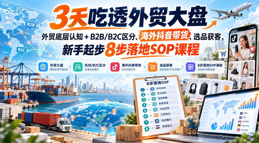 3天吃透外贸大盘,外贸底层认知+B2B/B2C区分、海外抖音带货、选品获客,新手起步8步落地SOP课程-来聚吧