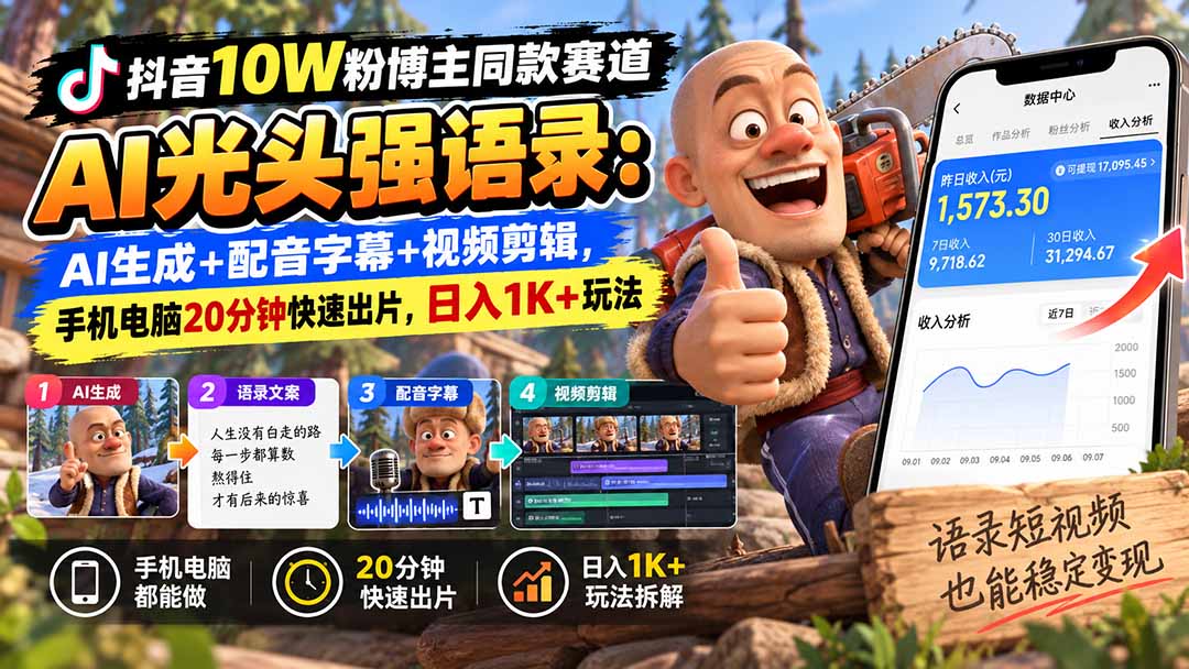 【无水印】抖音10W粉博主同款赛道AI光头强语录:AI生成+配音字幕+视频剪辑,手机电脑20分钟快速出片,日入1K+玩法-来聚吧