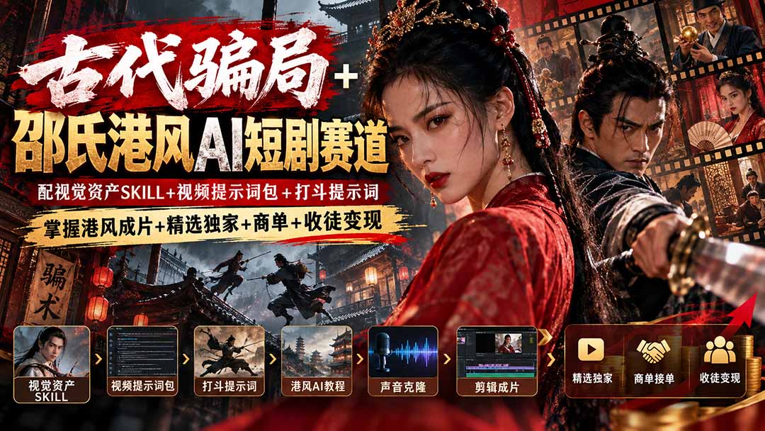 古代骗局+邵氏港风AI短剧赛道：配视觉资产SKILL+视频提示词包+打斗提示词，掌握港风成片+精选独家+商单+收徒变现-来聚吧