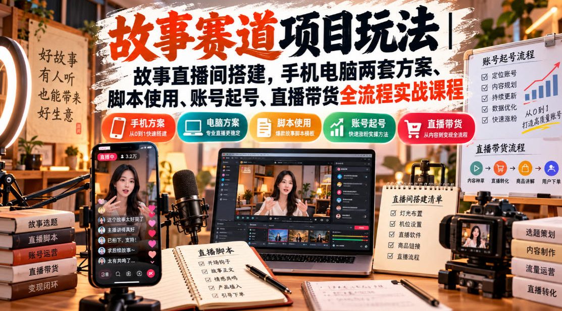 故事赛道项目玩法|故事直播间搭建,手机电脑两套方案、脚本使用、账号起号、直播带货全流程实战课程-来聚吧